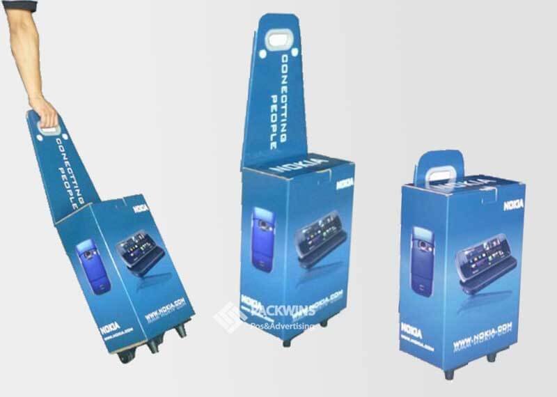 Cellphones Display Cardboard Advertising Box With Wheels And Handle Cellphones Display Cardboard Advertising Box With Wheels And Handle